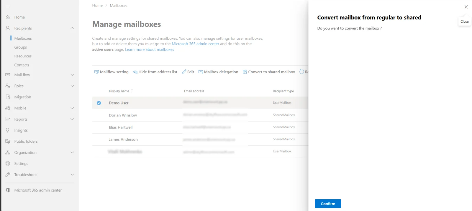 Convert mailbox from regular to shared